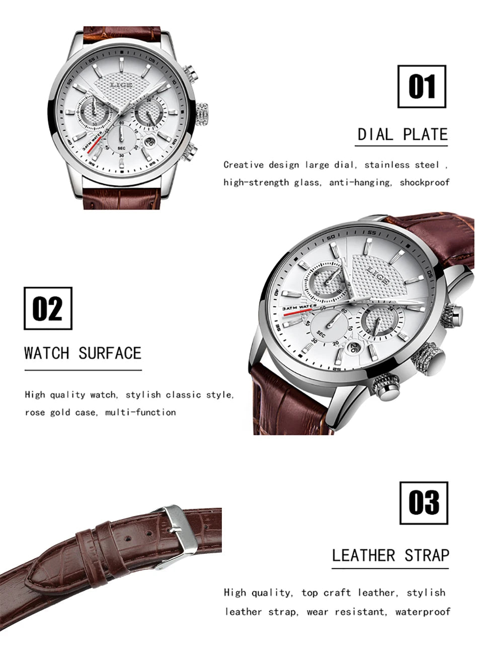 LIGE 2023 Watch Men Fashion Sports Quartz Clocks Mens Watches Top Brand Leather Military Waterproof Date Watch Relogio Masculino