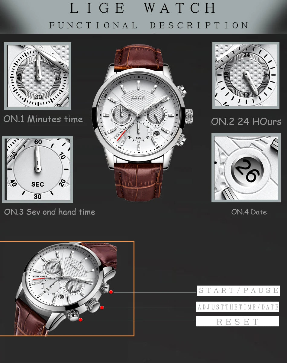 LIGE 2023 Watch Men Fashion Sports Quartz Clocks Mens Watches Top Brand Leather Military Waterproof Date Watch Relogio Masculino