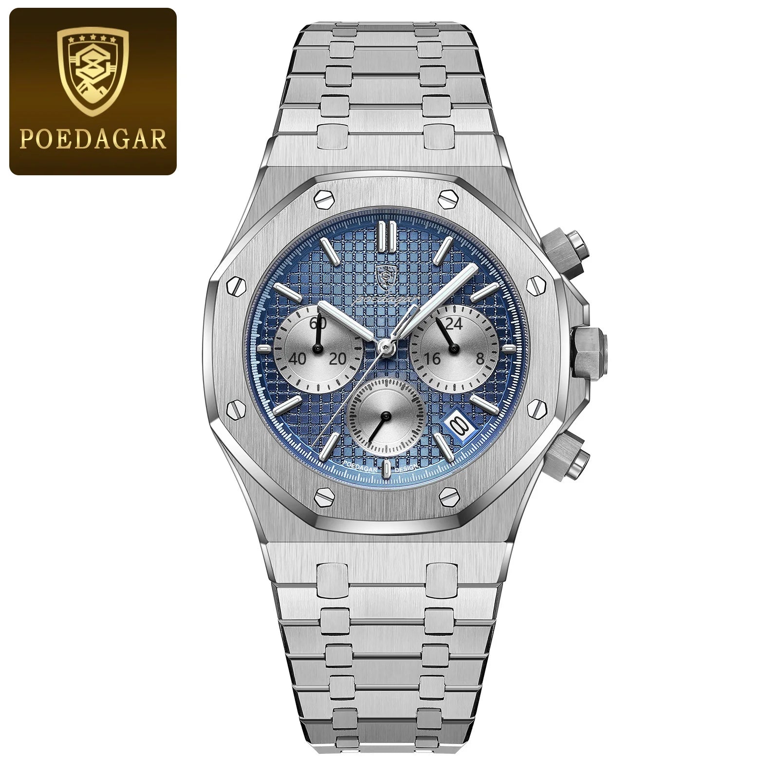 POEDAGAR Luxury Men's Watches Stainless Steel Date Chronograph Male Watch Waterproof Luminous Military Quartz Wristwatch For Men