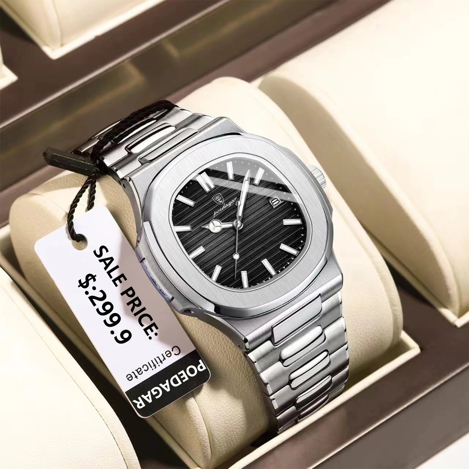 POEDAGAR Square Luxury Men Wristwatch Waterproof Luminous Date Stainless Steel Male Clock Business Sports Quartz Watches For Men