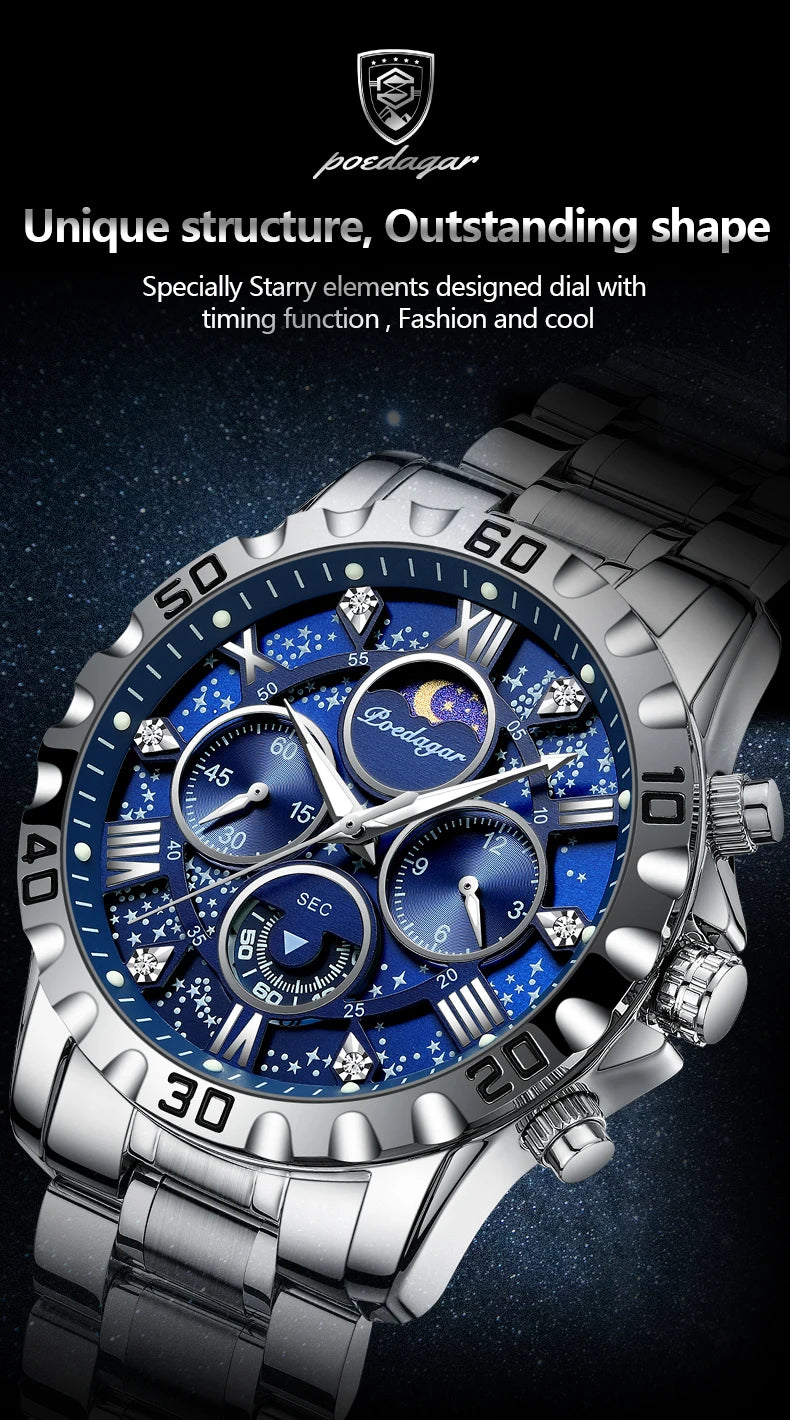 POEDAGAR Luxury Men Wristwatch Chronograph Waterproof Luminous Stainless Steel Man Watch Functional Quartz Watches For Men Reloj