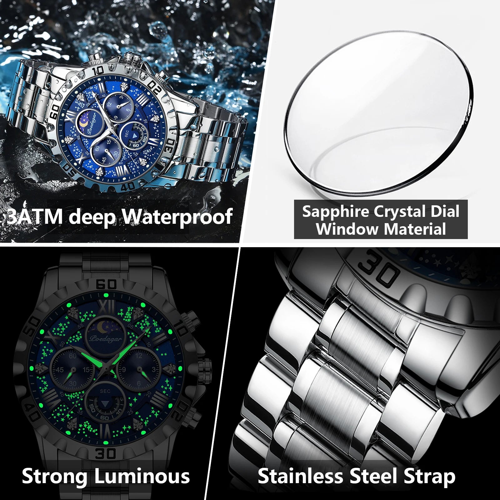 POEDAGAR Luxury Men Wristwatch Chronograph Waterproof Luminous Stainless Steel Man Watch Functional Quartz Watches For Men Reloj