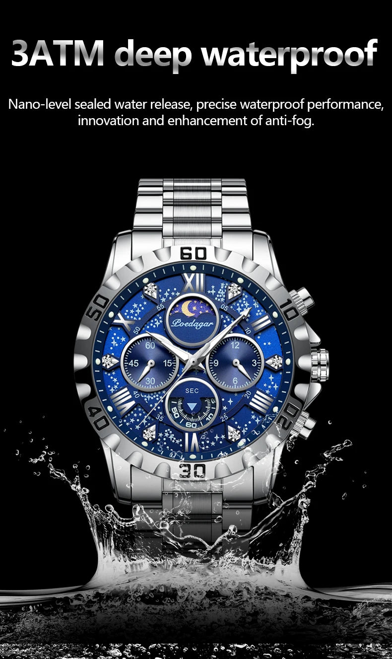 POEDAGAR Luxury Men Wristwatch Chronograph Waterproof Luminous Stainless Steel Man Watch Functional Quartz Watches For Men Reloj
