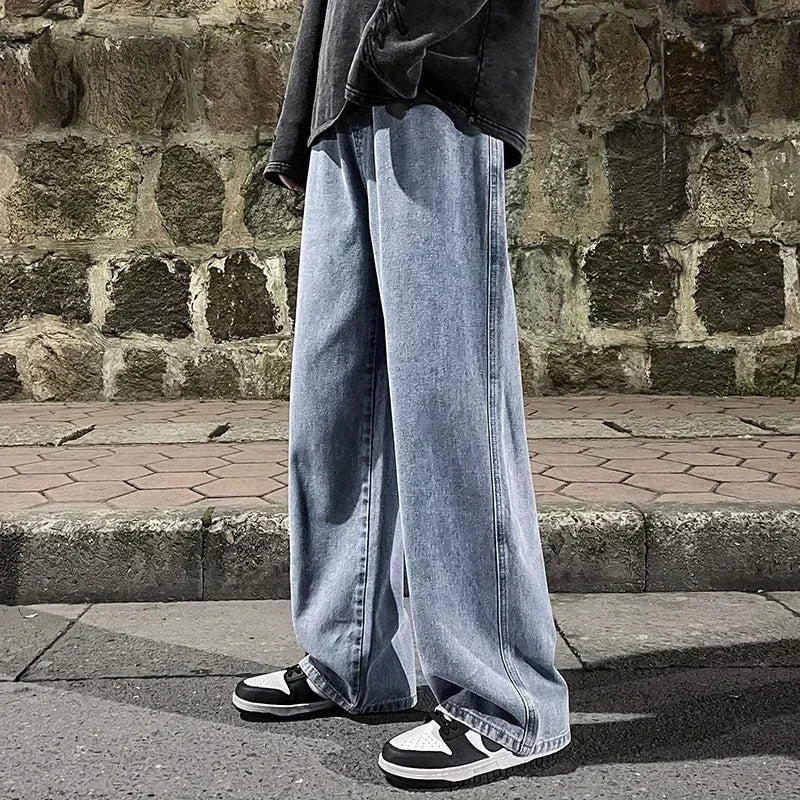 New Streetwear Loose Jeans Men Korean Style Fashion Loose Straight Wide Leg Pants Men's Brand Clothing Black Light Blue