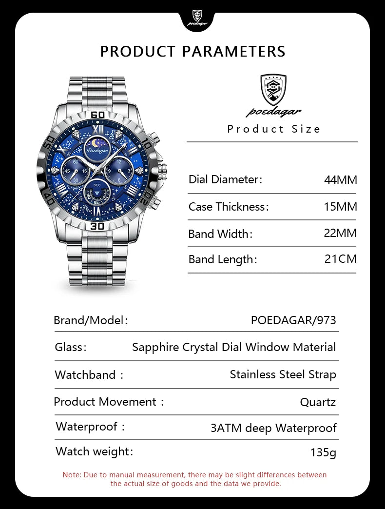 POEDAGAR Luxury Men Wristwatch Chronograph Waterproof Luminous Stainless Steel Man Watch Functional Quartz Watches For Men Reloj