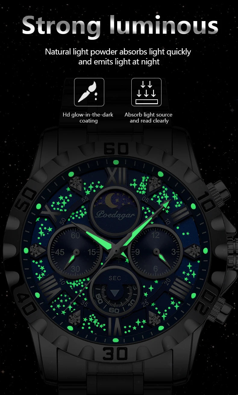 POEDAGAR Luxury Men Wristwatch Chronograph Waterproof Luminous Stainless Steel Man Watch Functional Quartz Watches For Men Reloj