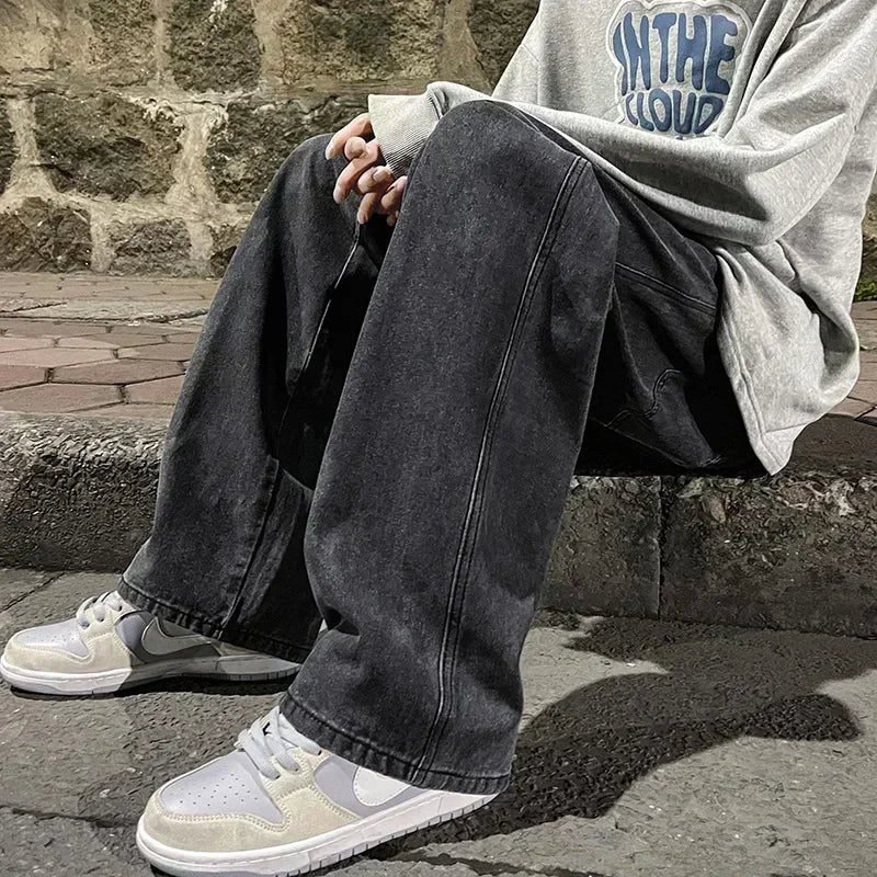 New Streetwear Loose Jeans Men Korean Style Fashion Loose Straight Wide Leg Pants Men's Brand Clothing Black Light Blue