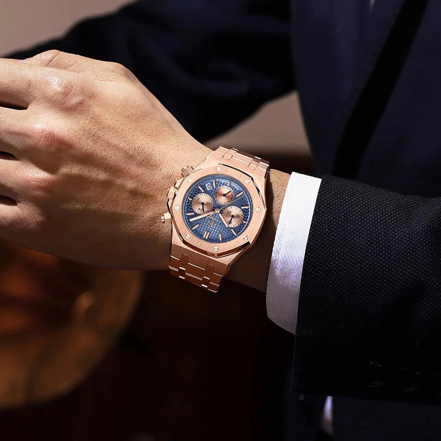 POEDAGAR Luxury Men's Watches Stainless Steel Date Chronograph Male Watch Waterproof Luminous Military Quartz Wristwatch For Men
