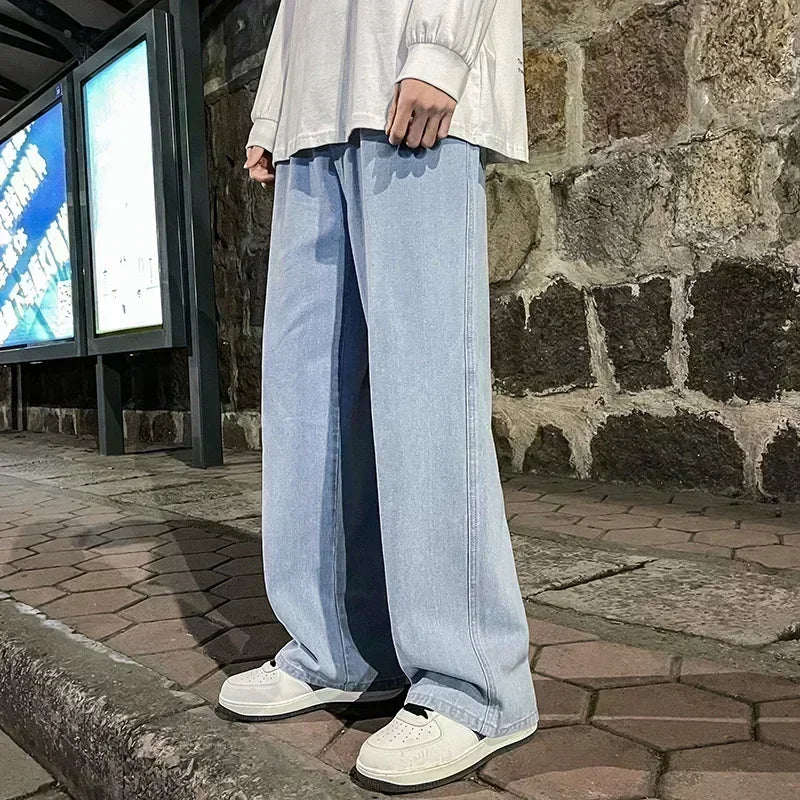 New Streetwear Loose Jeans Men Korean Style Fashion Loose Straight Wide Leg Pants Men's Brand Clothing Black Light Blue