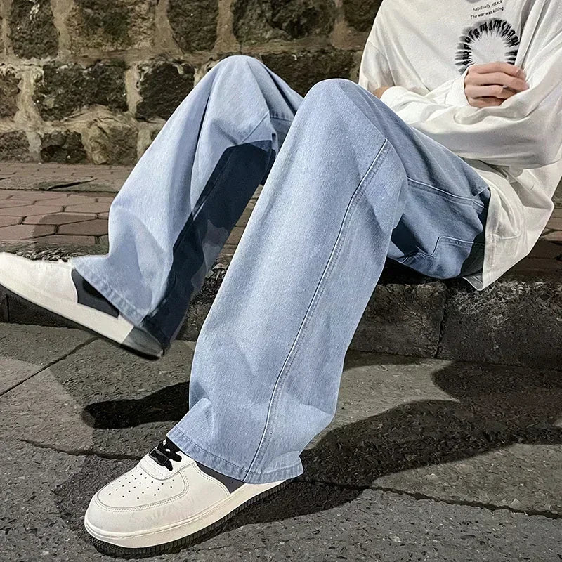 New Streetwear Loose Jeans Men Korean Style Fashion Loose Straight Wide Leg Pants Men's Brand Clothing Black Light Blue