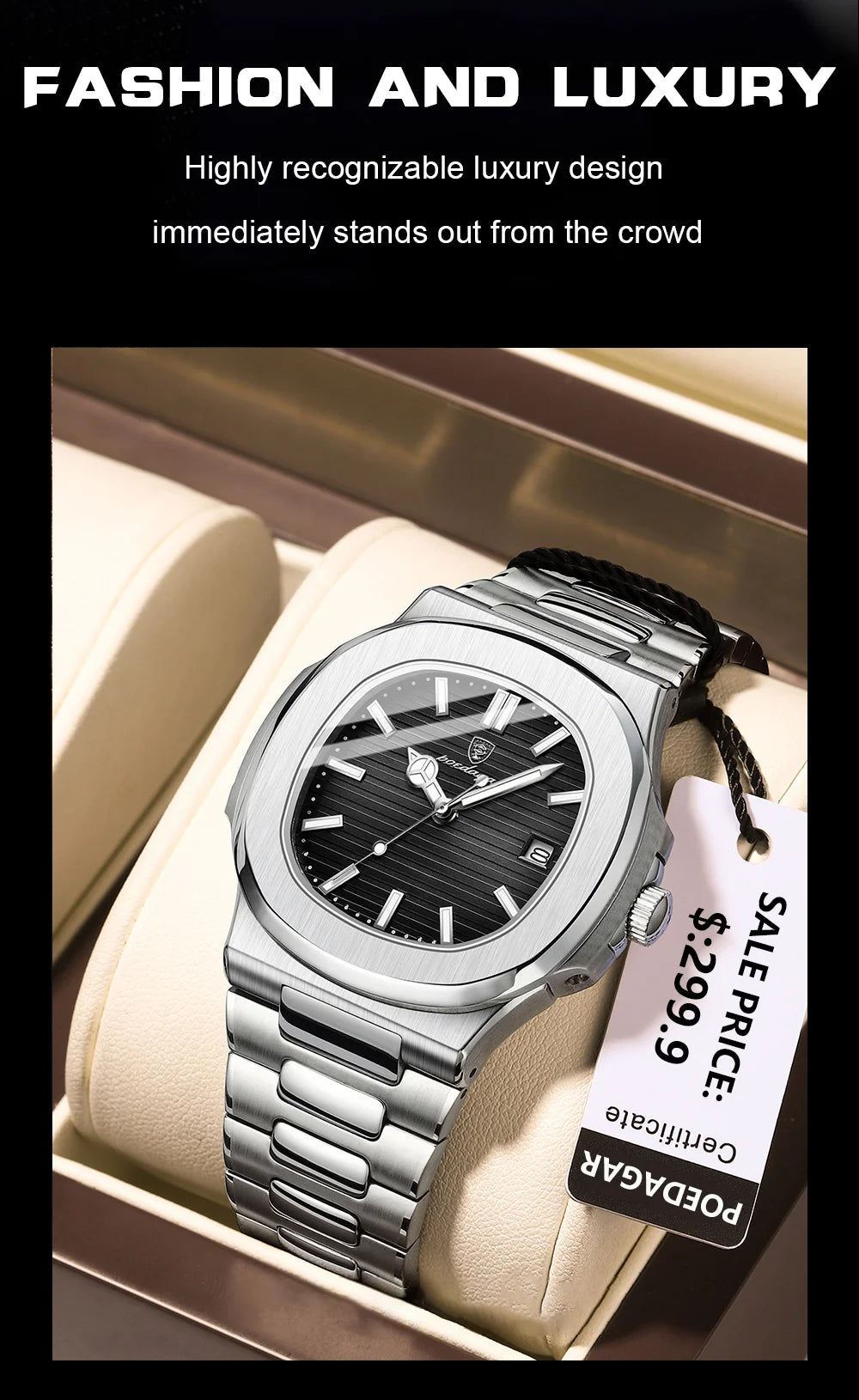 POEDAGAR Square Luxury Men Wristwatch Waterproof Luminous Date Stainless Steel Male Clock Business Sports Quartz Watches For Men