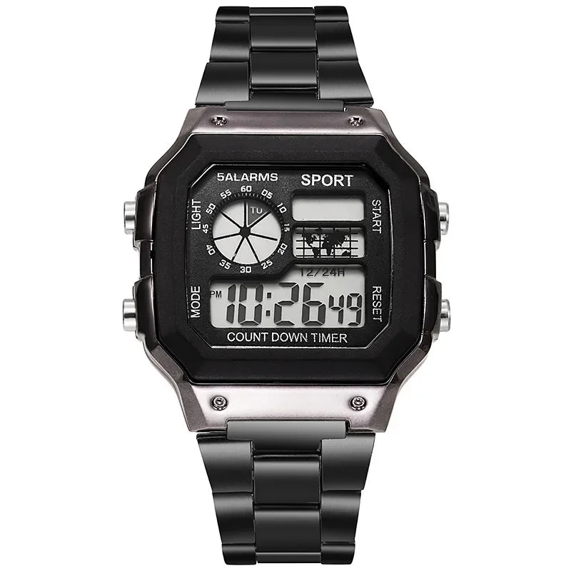YIKAZE Digital Watch Men's Watch Stainless Steel Strap Countdown Sport Watches Waterproof Led Electronic Wristwatch for Men Gift