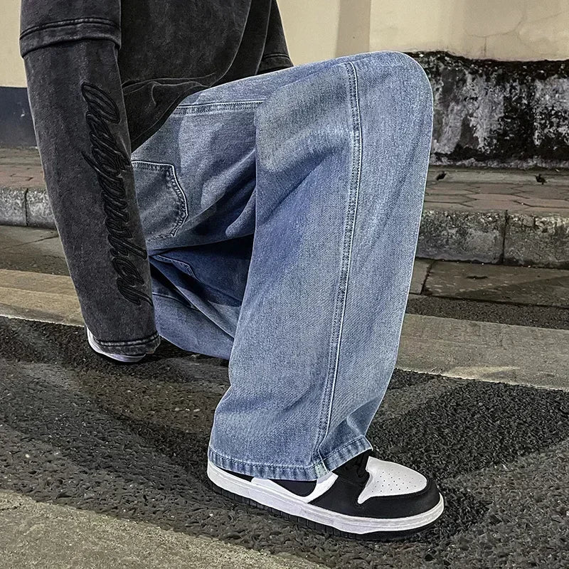 New Streetwear Loose Jeans Men Korean Style Fashion Loose Straight Wide Leg Pants Men's Brand Clothing Black Light Blue