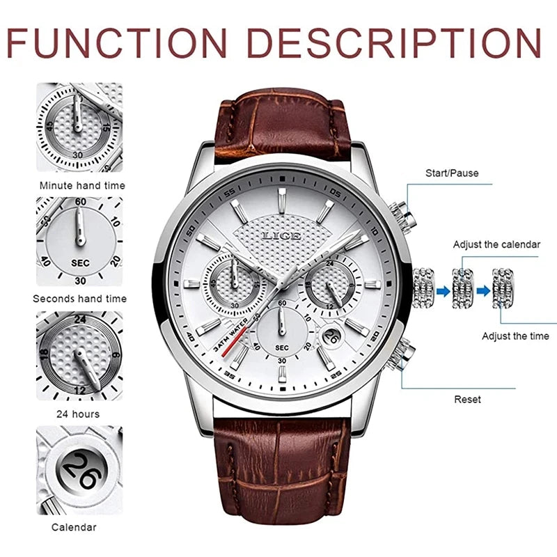 LIGE 2023 Watch Men Fashion Sports Quartz Clocks Mens Watches Top Brand Leather Military Waterproof Date Watch Relogio Masculino