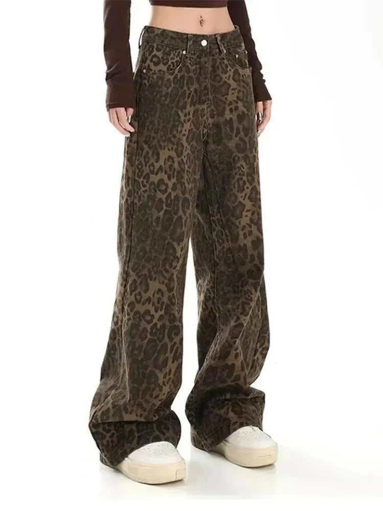 Vintage leopard print jeans female autumn winter new design sense small straight tube overalls casual pants