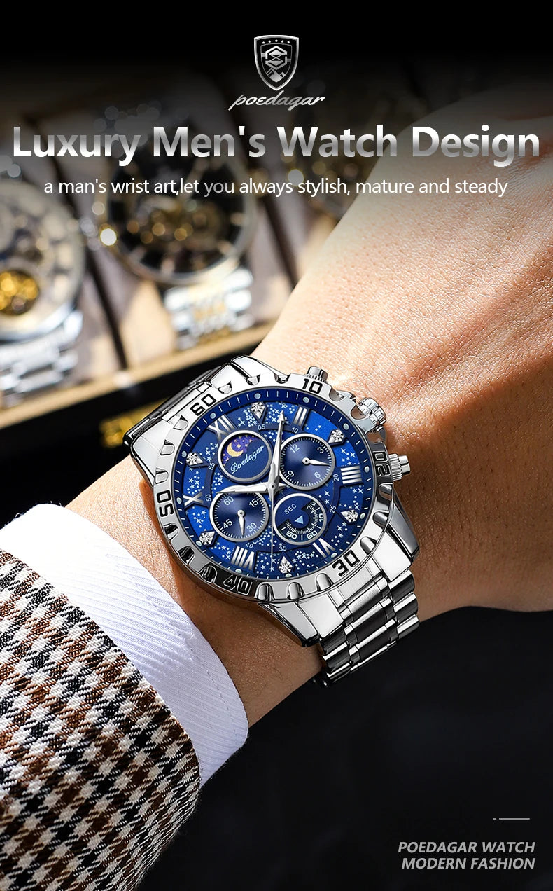 POEDAGAR Luxury Men Wristwatch Chronograph Waterproof Luminous Stainless Steel Man Watch Functional Quartz Watches For Men Reloj
