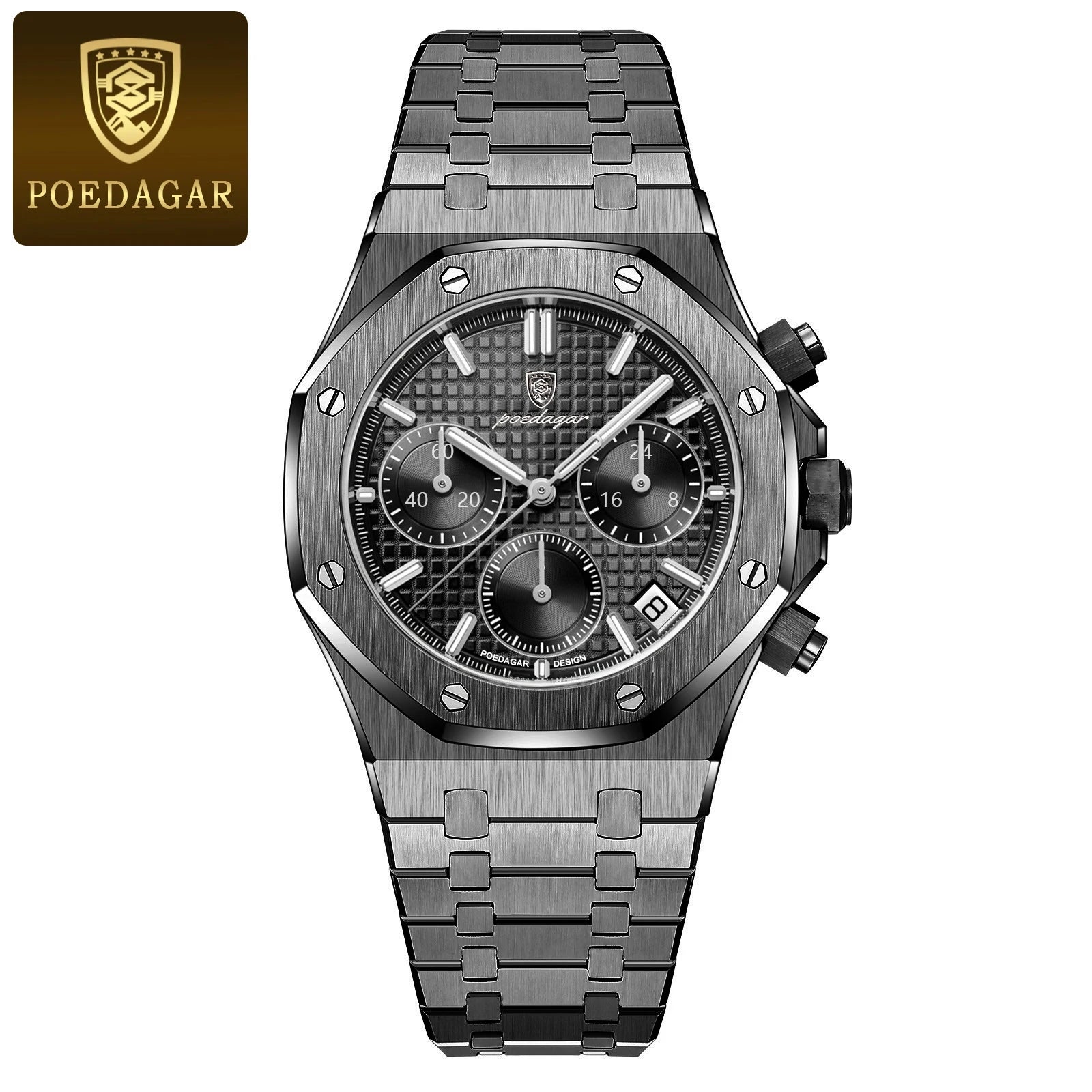 POEDAGAR Luxury Men's Watches Stainless Steel Date Chronograph Male Watch Waterproof Luminous Military Quartz Wristwatch For Men