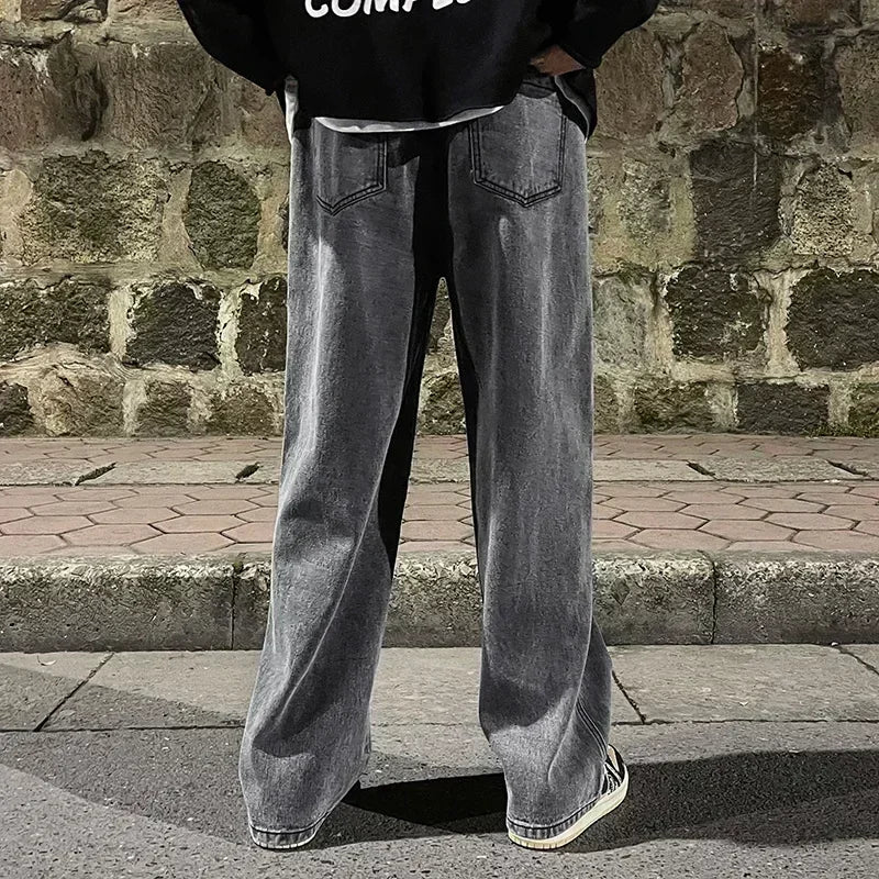 New Streetwear Loose Jeans Men Korean Style Fashion Loose Straight Wide Leg Pants Men's Brand Clothing Black Light Blue