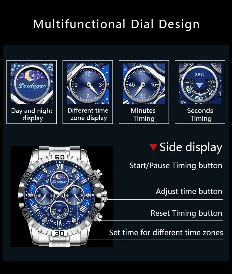 POEDAGAR Luxury Men Wristwatch Chronograph Waterproof Luminous Stainless Steel Man Watch Functional Quartz Watches For Men Reloj