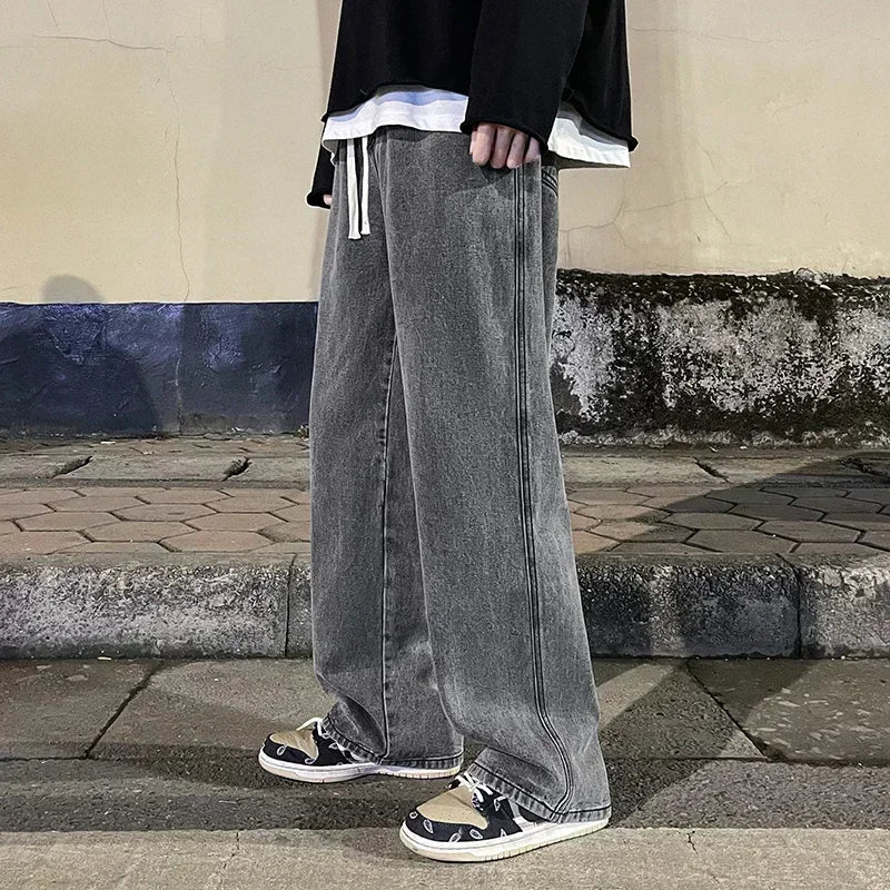 New Streetwear Loose Jeans Men Korean Style Fashion Loose Straight Wide Leg Pants Men's Brand Clothing Black Light Blue
