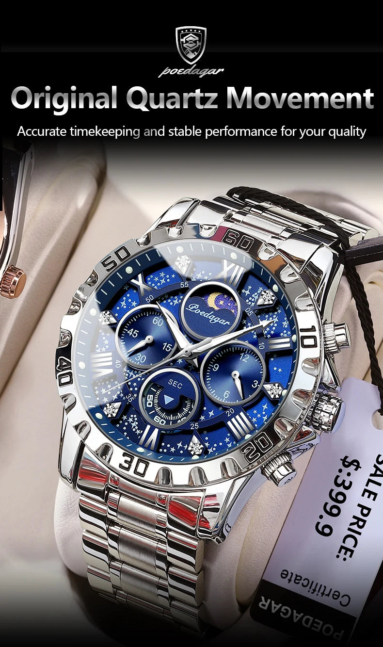 POEDAGAR Luxury Men Wristwatch Chronograph Waterproof Luminous Stainless Steel Man Watch Functional Quartz Watches For Men Reloj