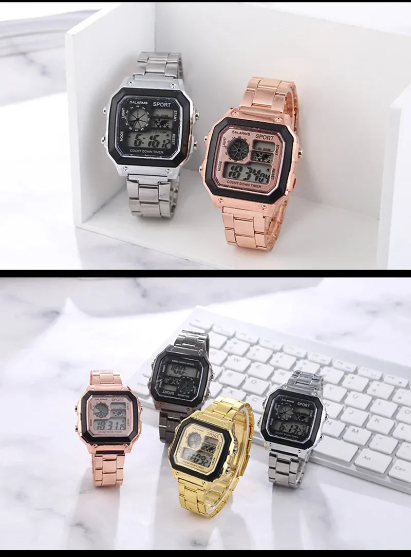 YIKAZE Digital Watch Men's Watch Stainless Steel Strap Countdown Sport Watches Waterproof Led Electronic Wristwatch for Men Gift