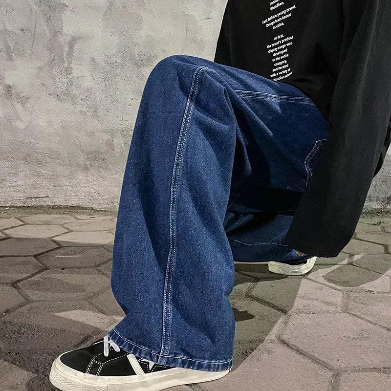New Streetwear Loose Jeans Men Korean Style Fashion Loose Straight Wide Leg Pants Men's Brand Clothing Black Light Blue