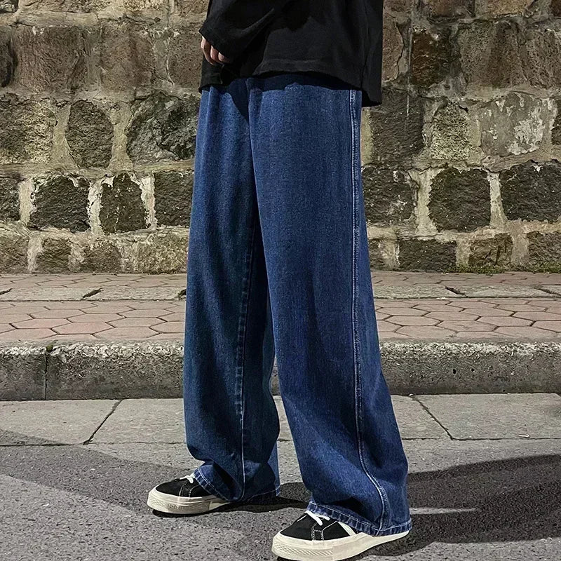 New Streetwear Loose Jeans Men Korean Style Fashion Loose Straight Wide Leg Pants Men's Brand Clothing Black Light Blue