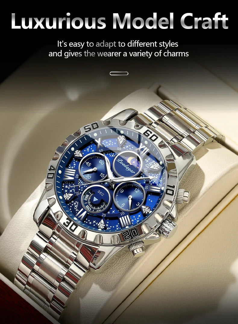 POEDAGAR Luxury Men Wristwatch Chronograph Waterproof Luminous Stainless Steel Man Watch Functional Quartz Watches For Men Reloj