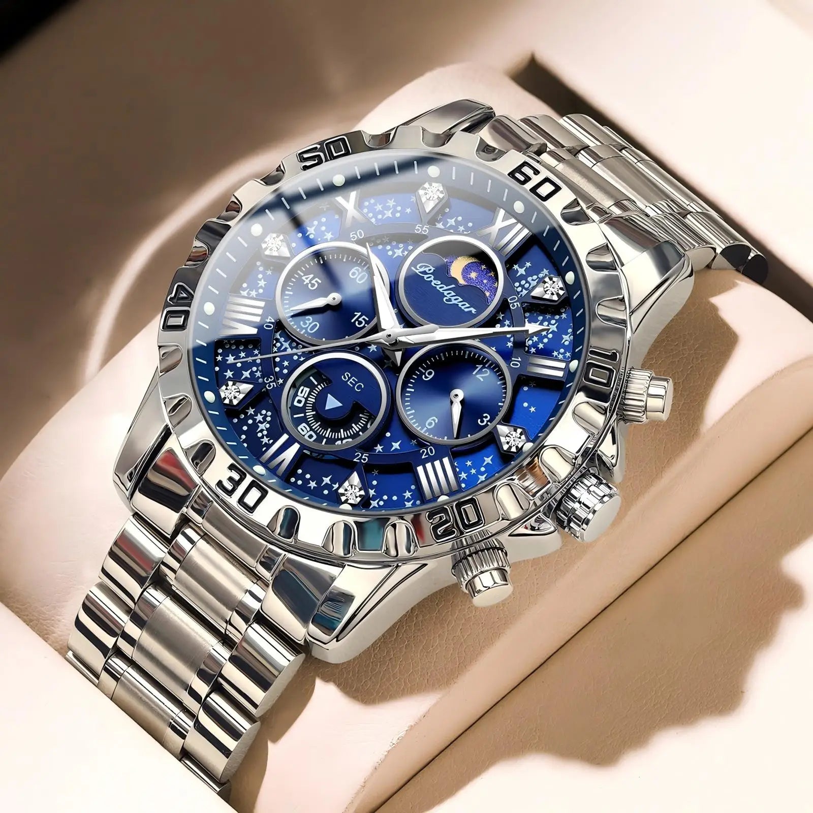POEDAGAR Luxury Men Wristwatch Chronograph Waterproof Luminous Stainless Steel Man Watch Functional Quartz Watches For Men Reloj