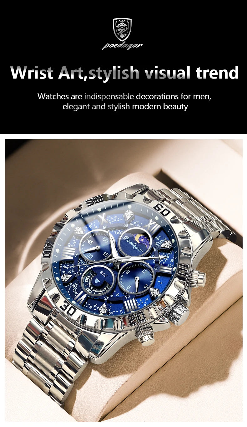 POEDAGAR Luxury Men Wristwatch Chronograph Waterproof Luminous Stainless Steel Man Watch Functional Quartz Watches For Men Reloj