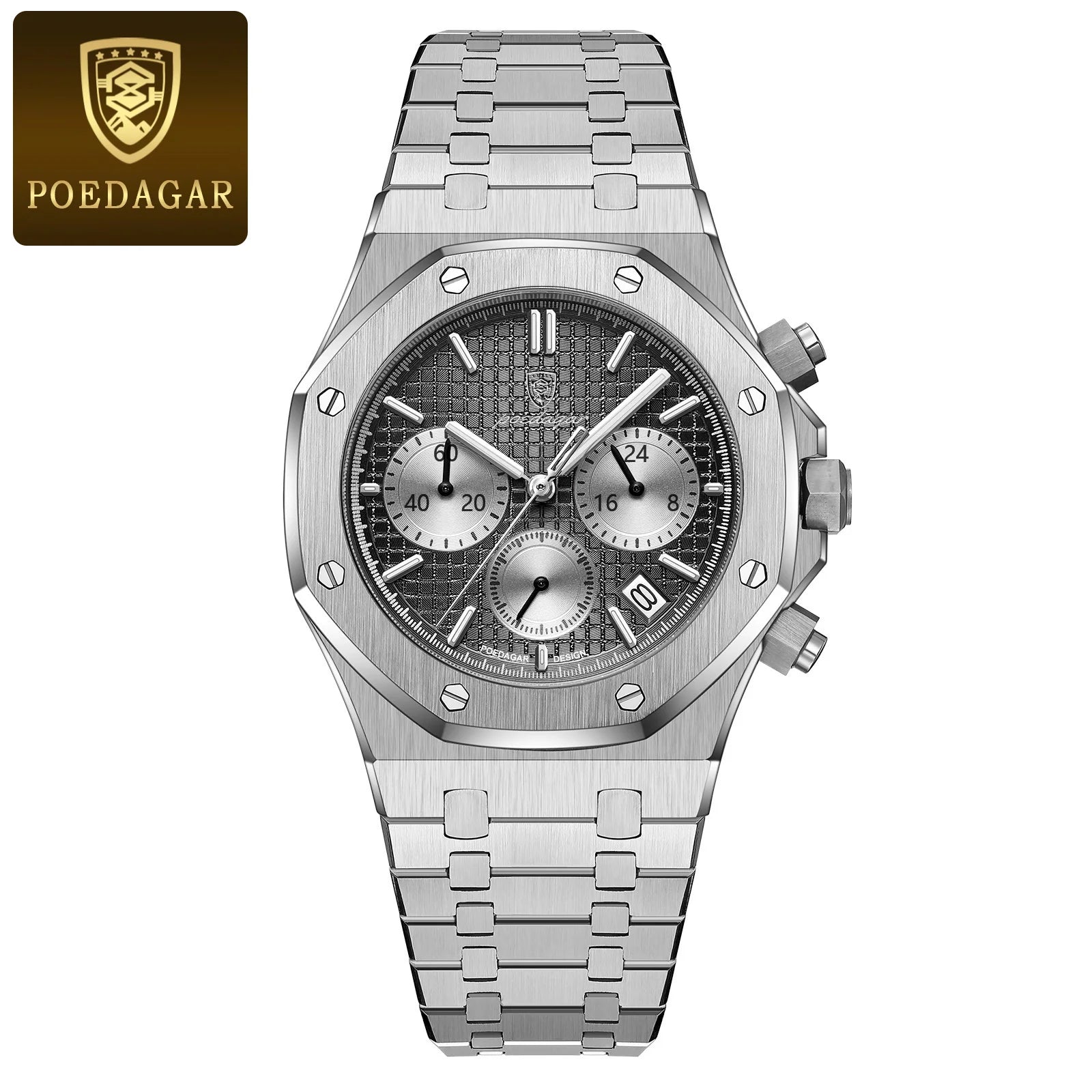 POEDAGAR Luxury Men's Watches Stainless Steel Date Chronograph Male Watch Waterproof Luminous Military Quartz Wristwatch For Men