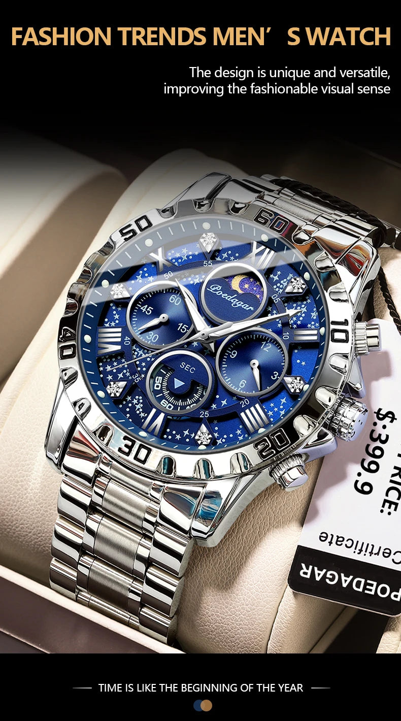 POEDAGAR Luxury Men Wristwatch Chronograph Waterproof Luminous Stainless Steel Man Watch Functional Quartz Watches For Men Reloj