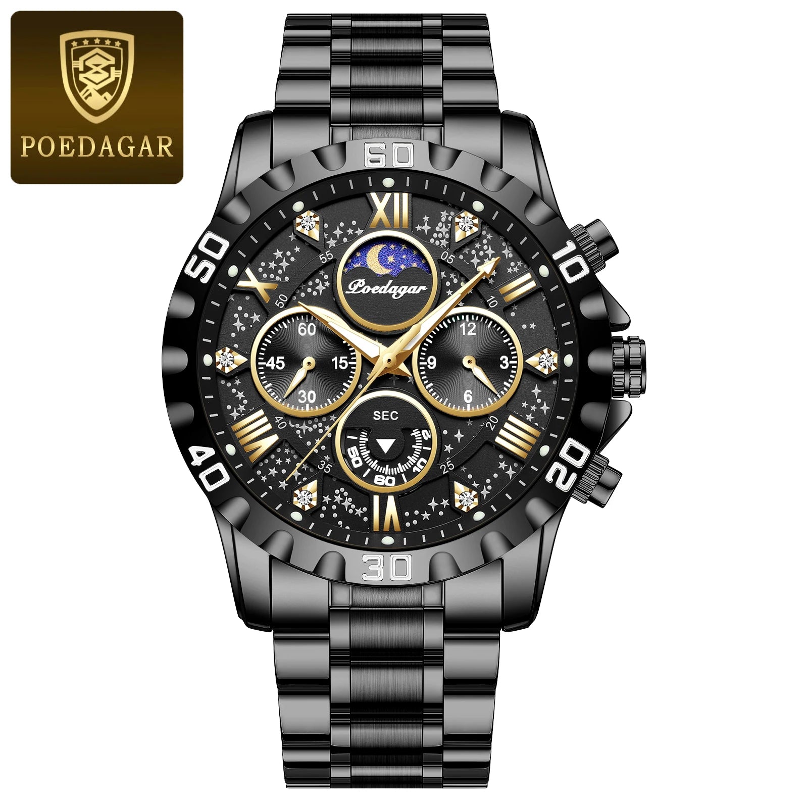 POEDAGAR Luxury Men Wristwatch Chronograph Waterproof Luminous Stainless Steel Man Watch Functional Quartz Watches For Men Reloj