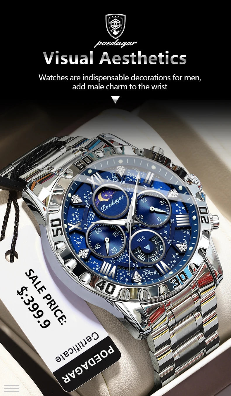 POEDAGAR Luxury Men Wristwatch Chronograph Waterproof Luminous Stainless Steel Man Watch Functional Quartz Watches For Men Reloj