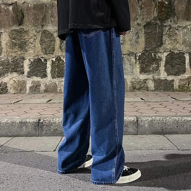 New Streetwear Loose Jeans Men Korean Style Fashion Loose Straight Wide Leg Pants Men's Brand Clothing Black Light Blue
