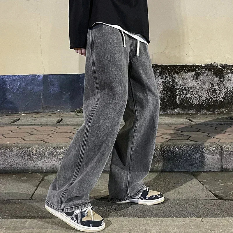 New Streetwear Loose Jeans Men Korean Style Fashion Loose Straight Wide Leg Pants Men's Brand Clothing Black Light Blue