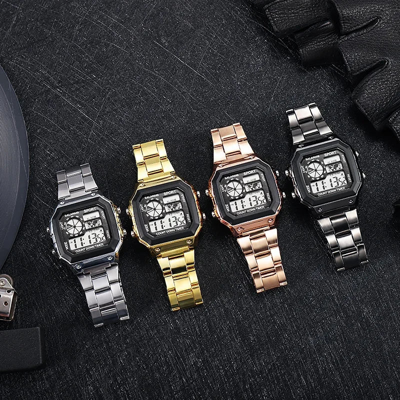 YIKAZE Digital Watch Men's Watch Stainless Steel Strap Countdown Sport Watches Waterproof Led Electronic Wristwatch for Men Gift