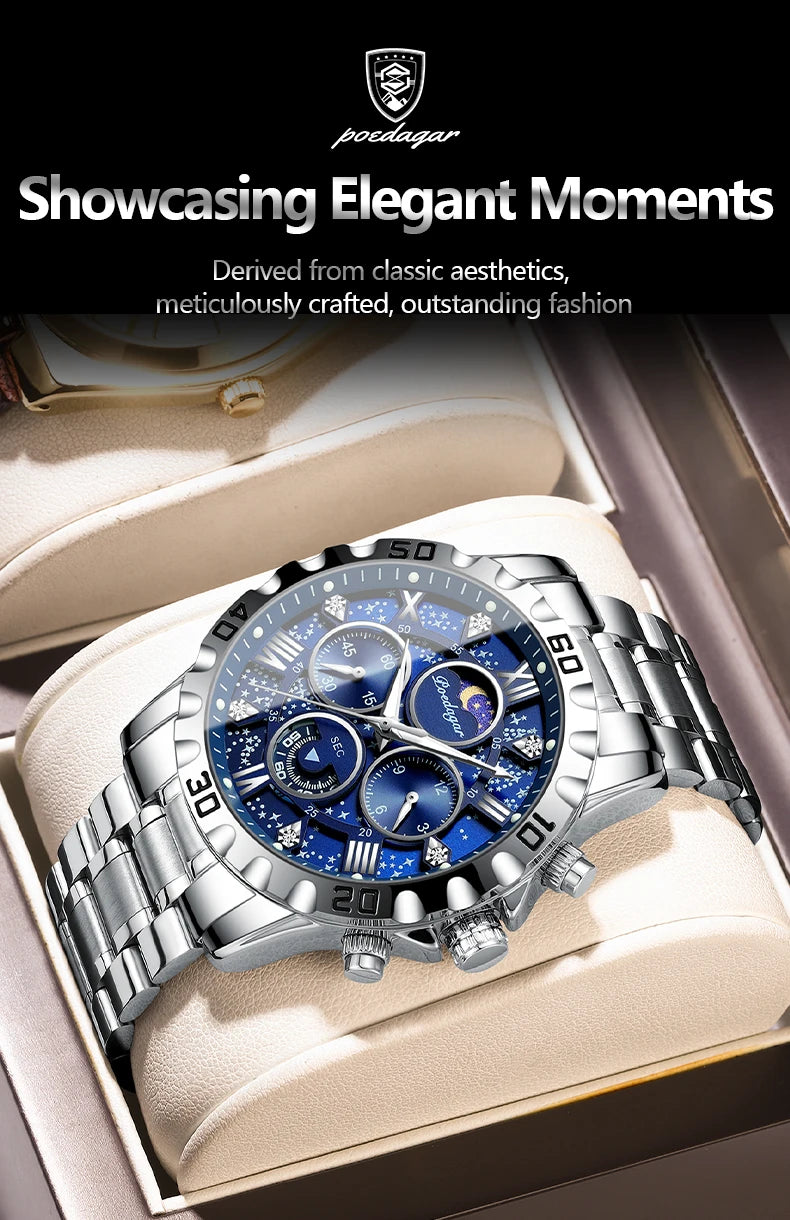 POEDAGAR Luxury Men Wristwatch Chronograph Waterproof Luminous Stainless Steel Man Watch Functional Quartz Watches For Men Reloj