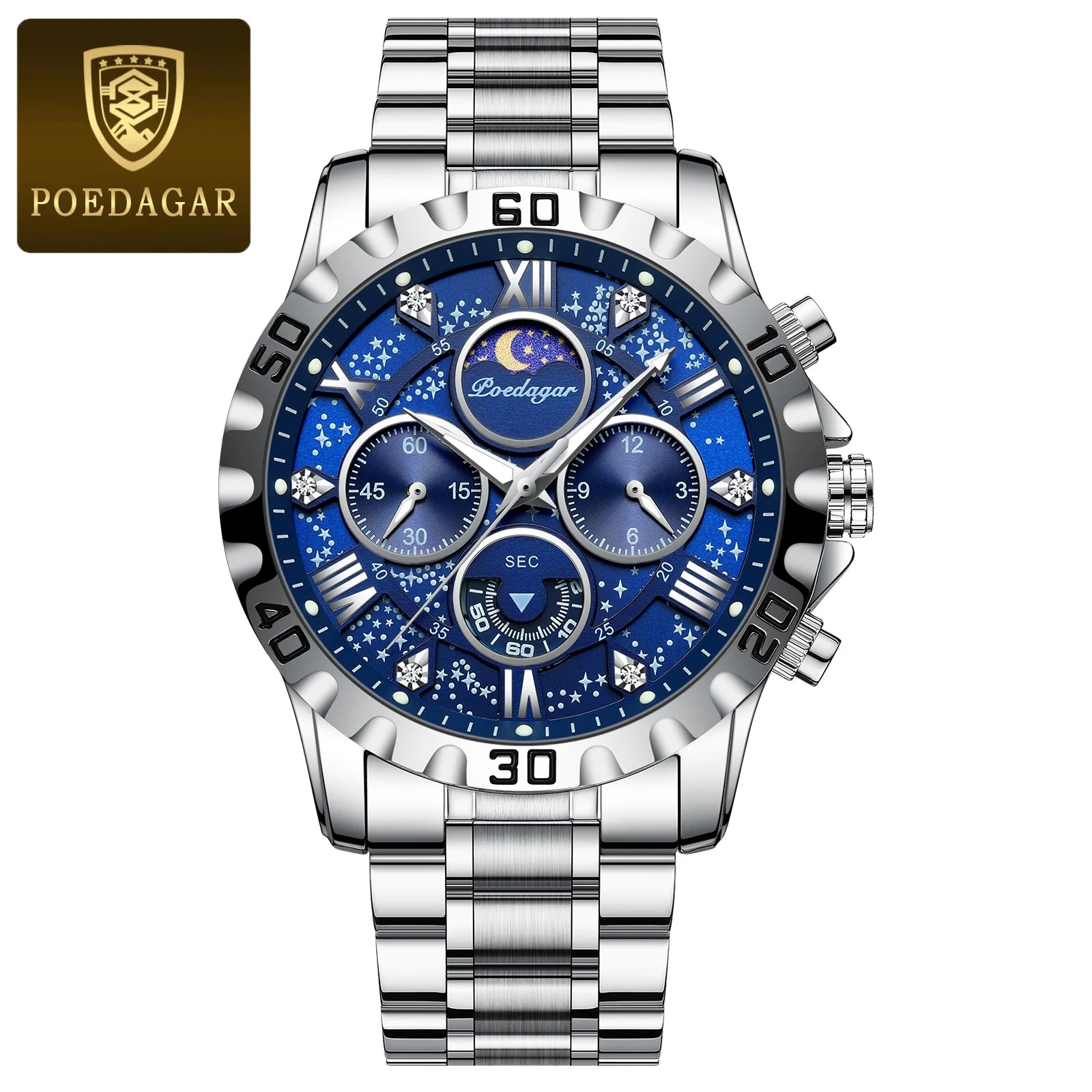 POEDAGAR Luxury Men Wristwatch Chronograph Waterproof Luminous Stainless Steel Man Watch Functional Quartz Watches For Men Reloj