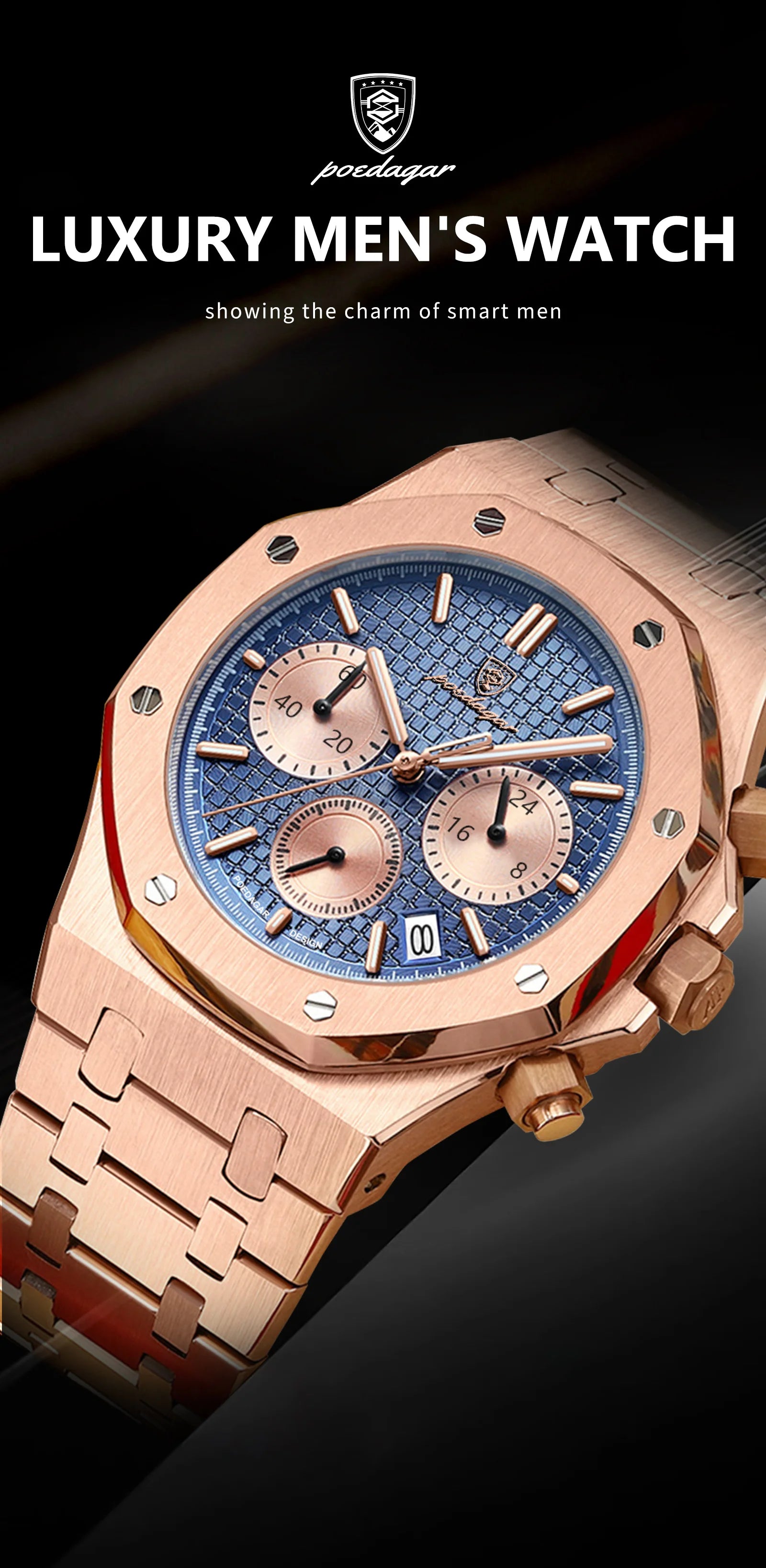 POEDAGAR Luxury Men's Watches Stainless Steel Date Chronograph Male Watch Waterproof Luminous Military Quartz Wristwatch For Men