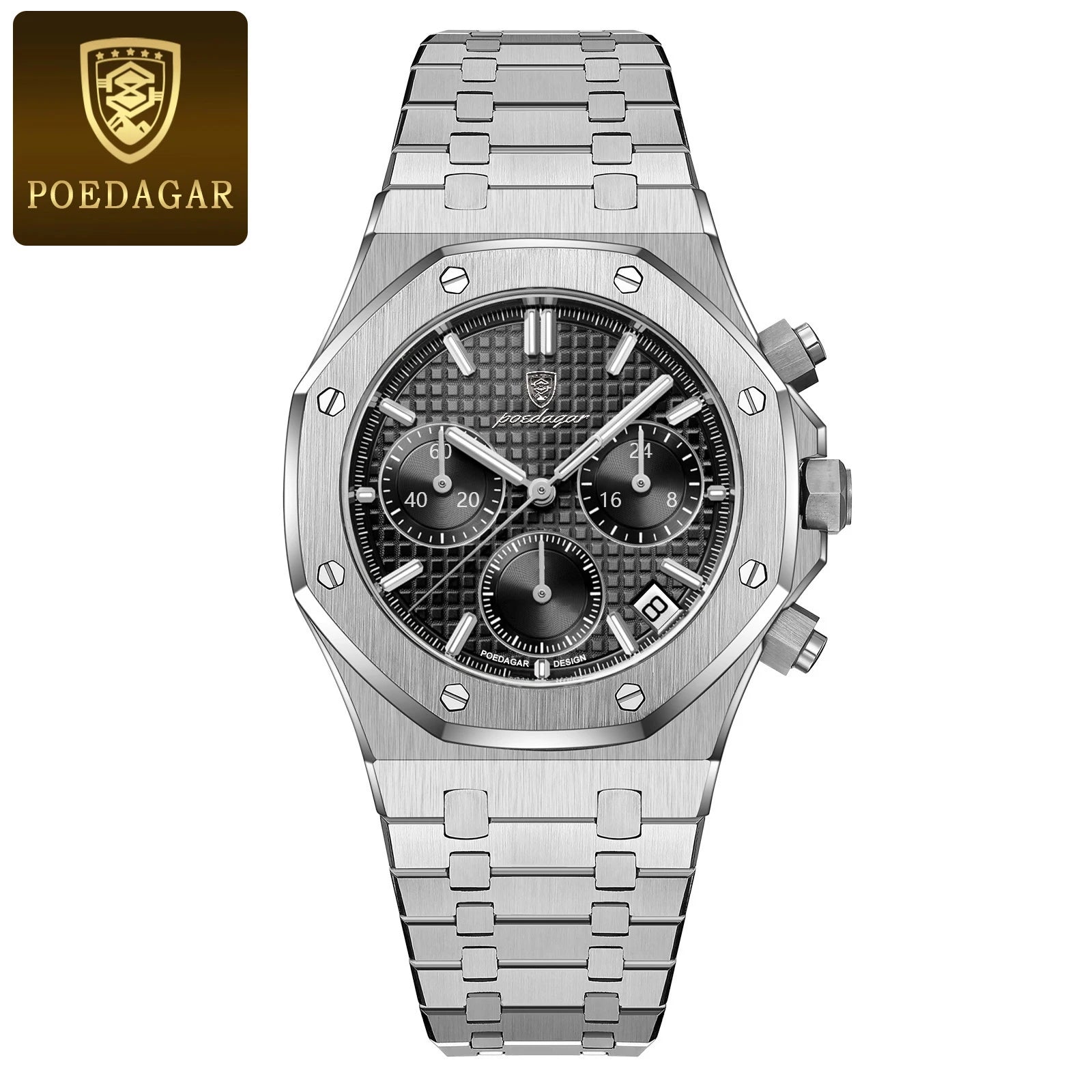 POEDAGAR Luxury Men's Watches Stainless Steel Date Chronograph Male Watch Waterproof Luminous Military Quartz Wristwatch For Men