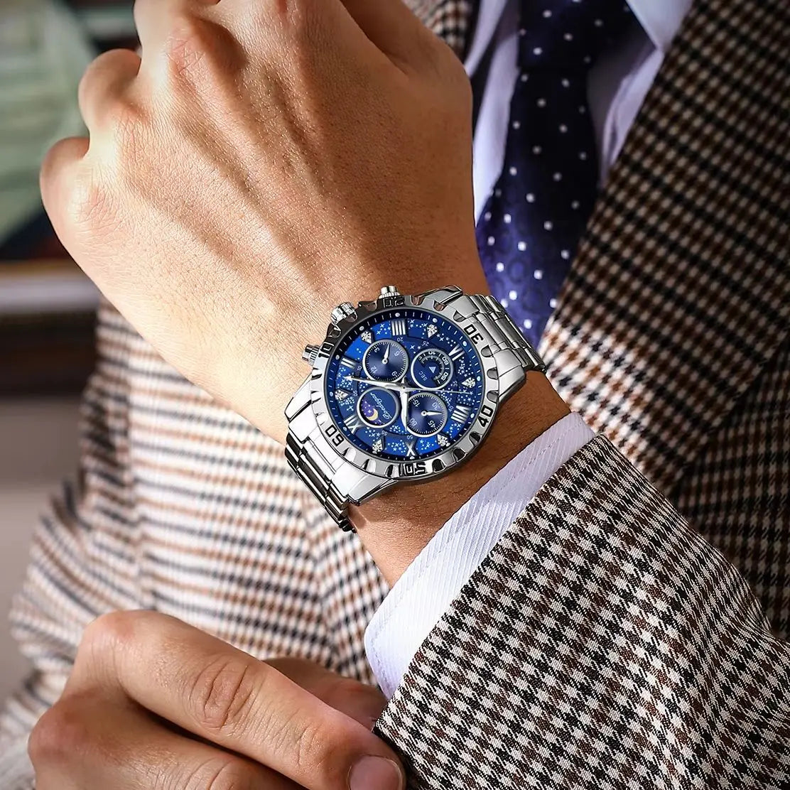 POEDAGAR Luxury Men Wristwatch Chronograph Waterproof Luminous Stainless Steel Man Watch Functional Quartz Watches For Men Reloj