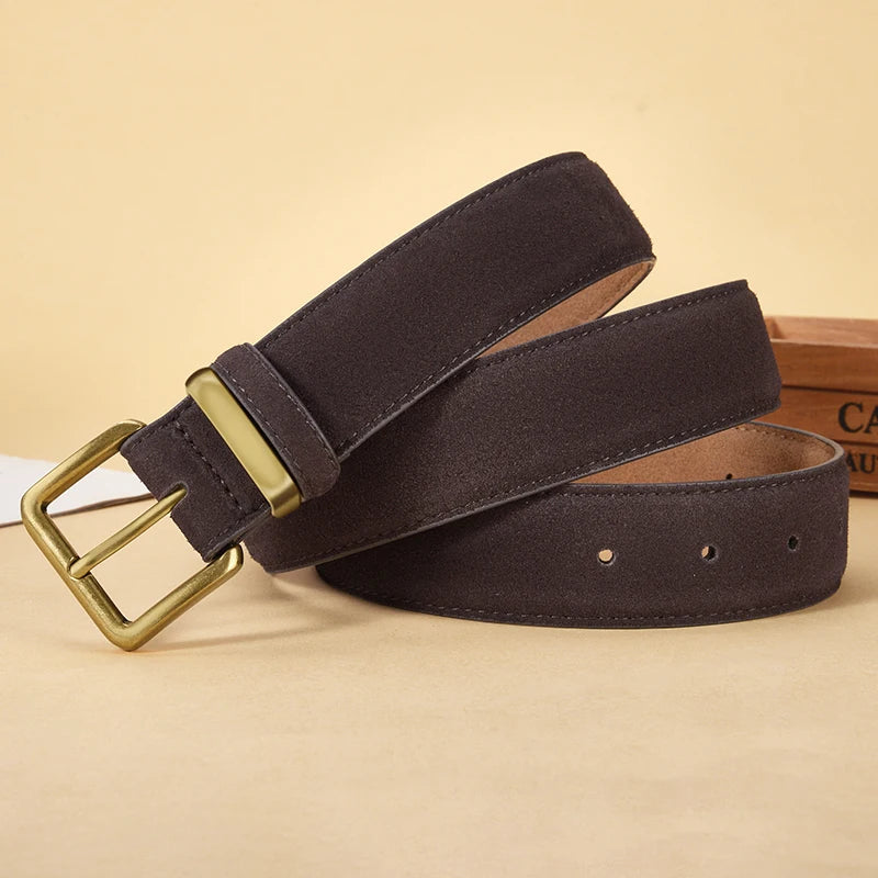 Luxury Suede Cowhide Leather Belt for Women, Vintage Style with Gold Buckle, 3.5cm Wide Waistband for Dresses & Jeans
