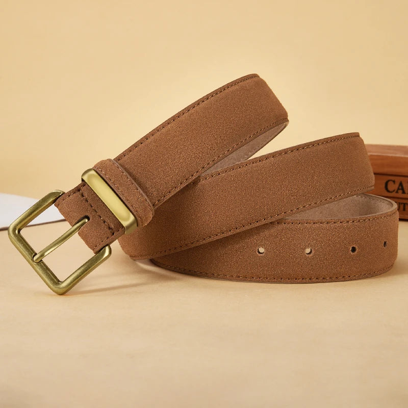 Luxury Suede Cowhide Leather Belt for Women, Vintage Style with Gold Buckle, 3.5cm Wide Waistband for Dresses & Jeans