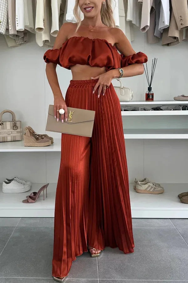 2025 Summer Women Sexy 2 Piece Set Off-shoulder Sleeveless Boob Tube Top+Wide Leg Pants Set Fashion Party Casual Trousers Outfit