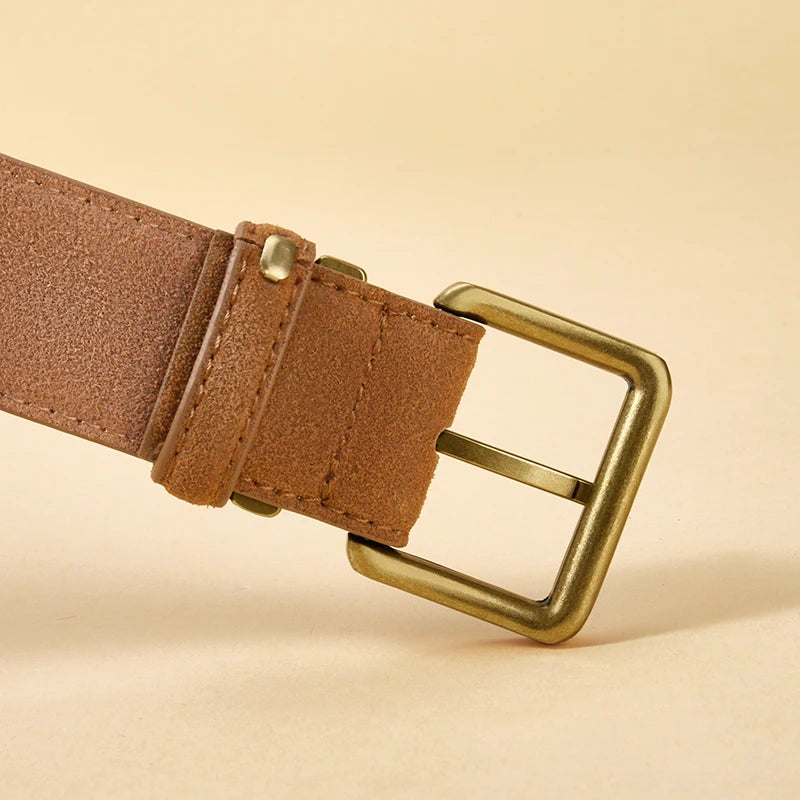 Luxury Suede Cowhide Leather Belt for Women, Vintage Style with Gold Buckle, 3.5cm Wide Waistband for Dresses & Jeans