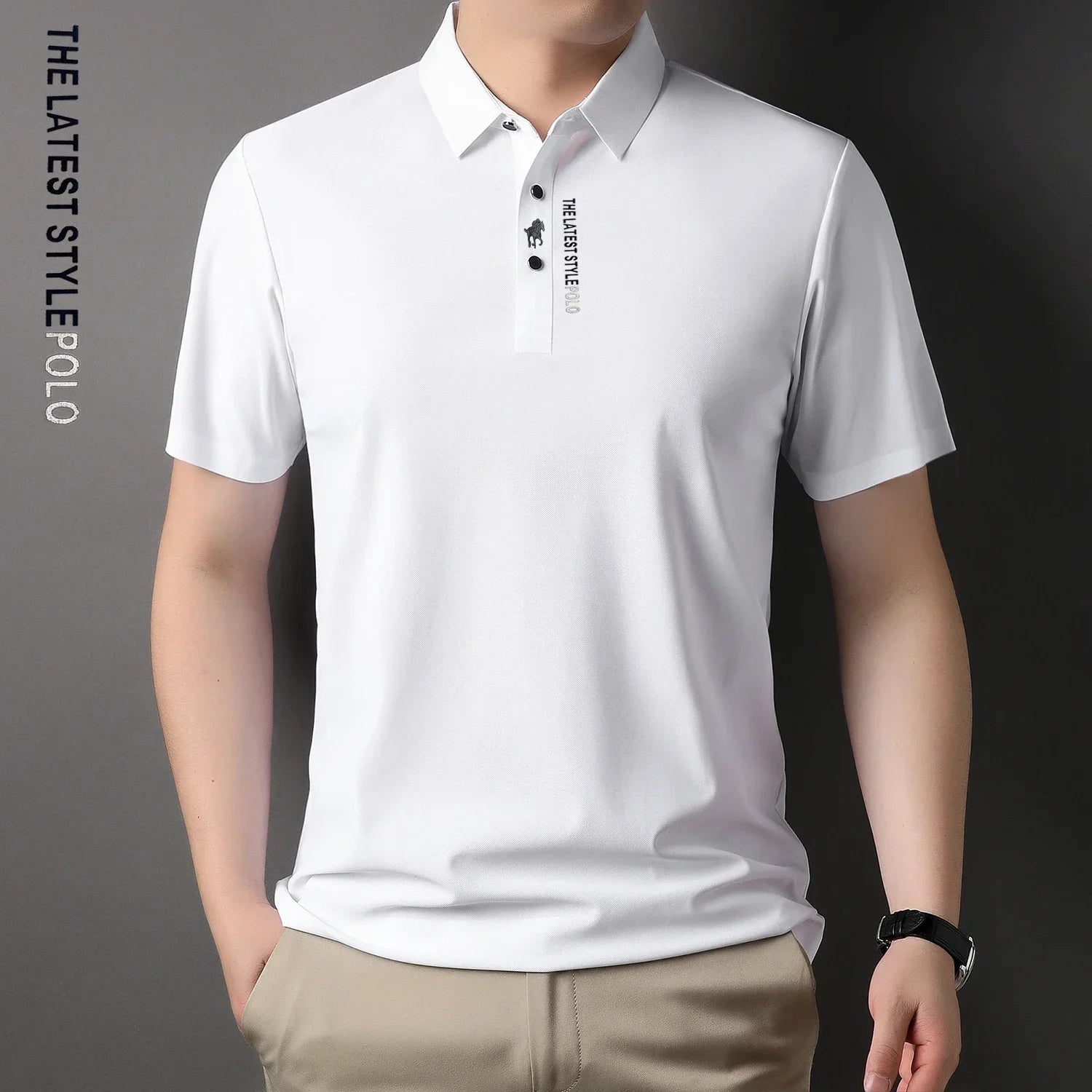 Ice Silk Embroidery Polo Shirt New Summer Lapel Elasticity T-shirt Korean Fashion Short Sleeve Business Casual Men Clothing