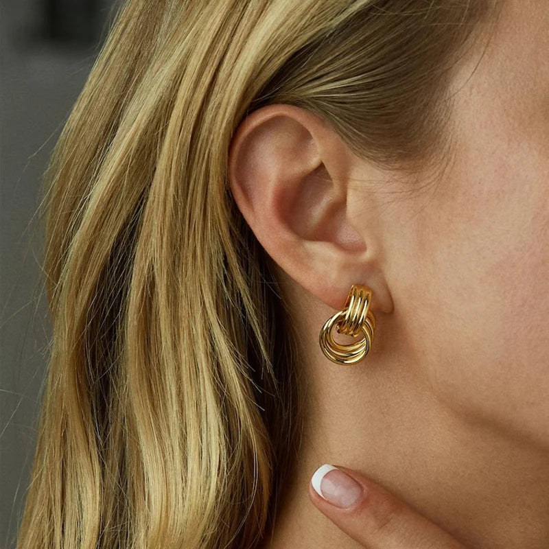 Fashion Glossy Three-Layer Textured Intersecting Knot Earrings for Women Gold Color Stainless Steel Earring Vintage Jewelry Gift