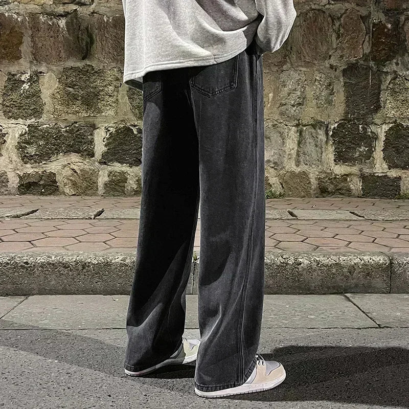 New Streetwear Loose Jeans Men Korean Style Fashion Loose Straight Wide Leg Pants Men's Brand Clothing Black Light Blue